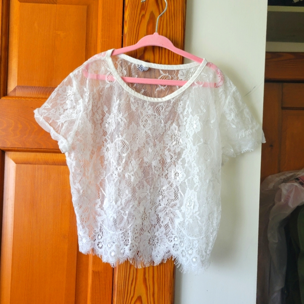 Girls White Eyelash Lace Sheer Overlay Top Small 7-8